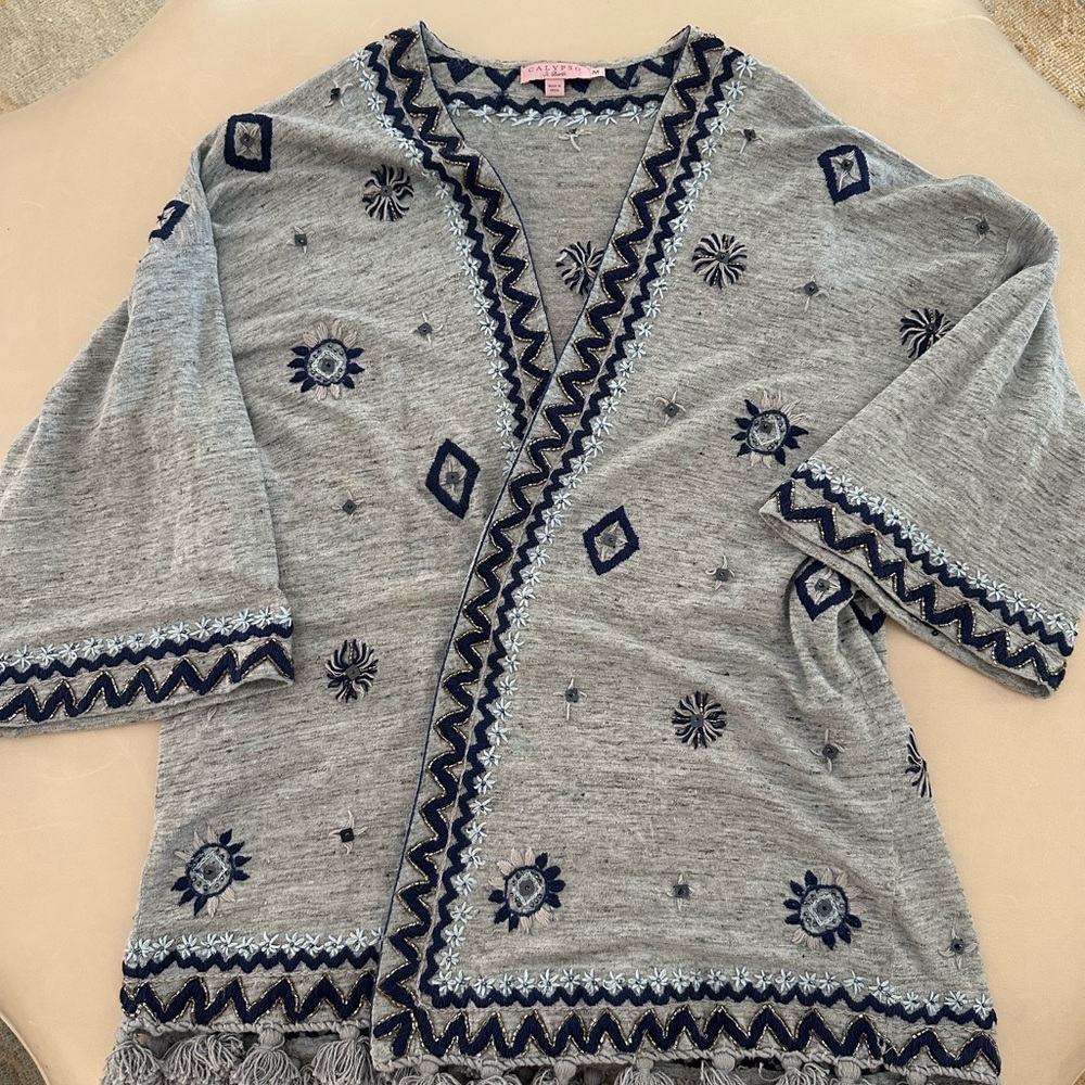 Calypso St. Barth Gray Cardigan with Navy Embroidery